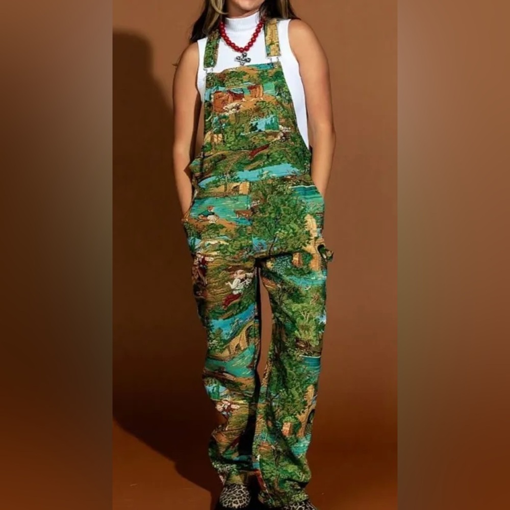 Dressed in LALA Green Multi Scenic Print Overalls